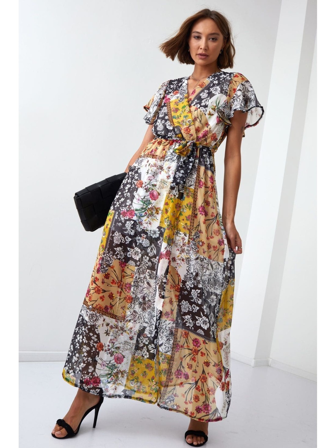 Maxi wrap dress with a belt, yellow FG646 - Online store - Boutique